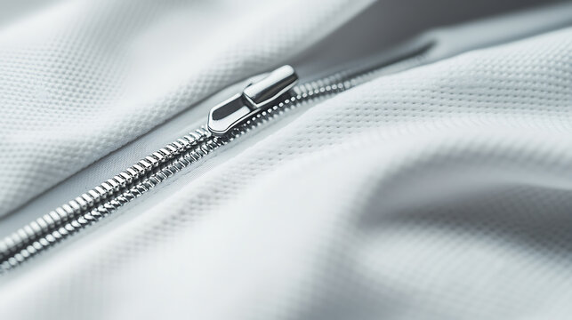 Close-up of a silver zipper on a textured white fabric, emphasizing details of clothing. Studio shot, light and airy.