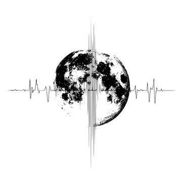 Black and white moon phase heartbeat pulse frequency vector illustration graphic design astronomy celestial art 100