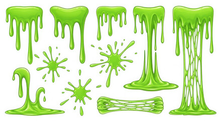 Collection of dripping and splattering bright green slime elements isolated on white background