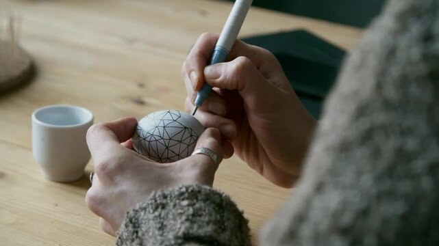 Over the shoulder shot of unrecognizable woman drawing hexagon pattern on hardboiled egg