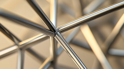Abstract metal rod structure, geometric and modern, with intersecting lines and neutral background, for industrial design or technology concepts.