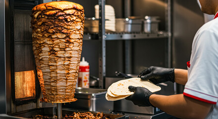 Chef preparing delicious shawarma wrap with fresh pita bread in a restaurant
