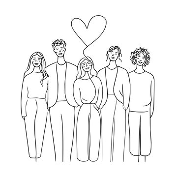 Illustration of diverse group of people with heart balloon outline drawing friendship and love concept