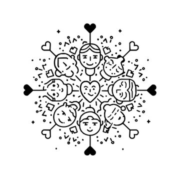 Illustration of community unity and diversity with people heart and love concept black and white design art