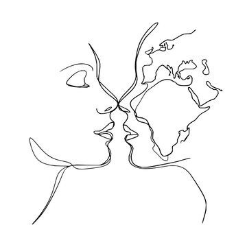 Continuous line drawing of kissing couple with world map for love romance relationship design vector art 100