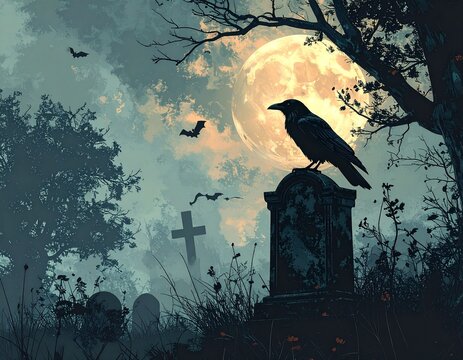 Cuervo sobre lapida de una tumba en cementerio, silueta