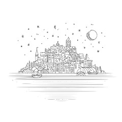 Obraz premium Cityscape illustration drawing of urban city skyline with buildings moon and stars vector graphic design