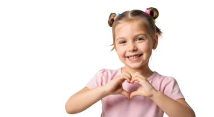 Happy little girl making heart shape with hands, isolated on white background, conveying love and affection