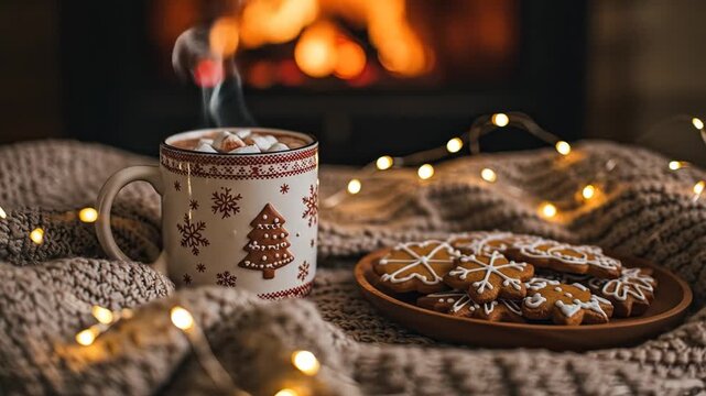 Cozy christmas scene with hot chocolate and cookies by fireplace