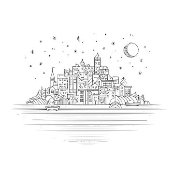 Cityscape illustration drawing of urban city skyline with buildings moon and stars vector graphic design