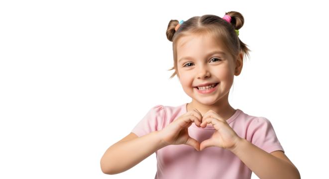 Happy little girl making heart shape with hands, isolated on white background, conveying love and affection