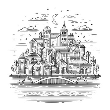 Detailed line art illustration of european city skyline with bridge and moon vector artwork for design 100