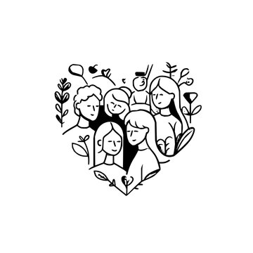 Illustration of diverse group of people in heart shape for community support and love concept art design