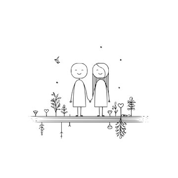 Cute doodle art of couple holding hands in garden under moon and stars black and white line drawing vector