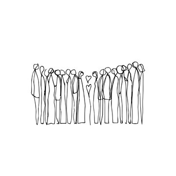 Minimalist line art drawing of crowd of people with hearts vector illustration design and art for sale