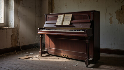 Forgotten piano covered in dust in abandoned room with peeling walls and natural light illuminating old keys.