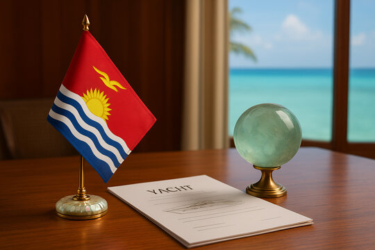 Office setup with Kiribati flag, yacht design document, and glass globe.
 - Powered by Adobe
