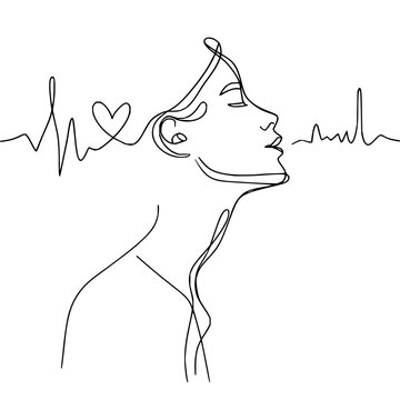 One line drawing woman face with heart and sound waves vector illustration minimalist art design print 100