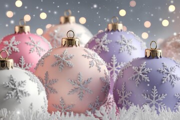 Pastel Christmas baubles with glitter snowflake decorations. Close-up of pink and purple holiday ornaments on a festive winter background with snow and bokeh lights