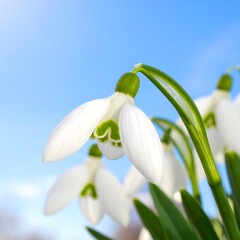 Fototapeta premium A close-up of delicate, white snowdrop flowers with green accents, set against a bright, clear blue sky backdrop