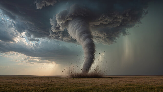 Tornado forming in field under dramatic clouds and sky. Tornado touches down, swirling dust and debris in open landscape, creating a powerful natural phenomenon.