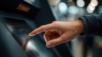 Close up of Hand Interacting With Touchscreen Display in Busy Public Space