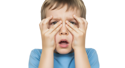 A young boy expresses fear, surprise, or worry by covering his eyes with his hands
