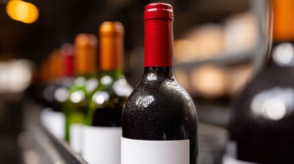 Dew-kissed wine bottles nestle in twilight grandeur, evoking Bacchus revelries and International Pinot Noir Day with festive allure