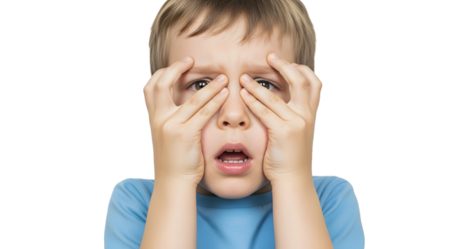 A young boy expresses fear, surprise, or worry by covering his eyes with his hands
