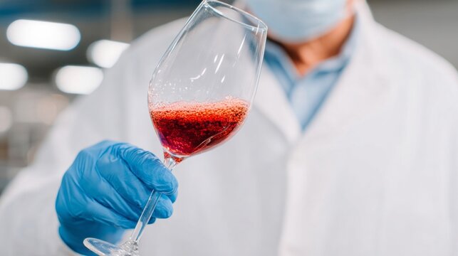 Laboratory alchemist swirls crimson elixir in translucent glass, evoking Dia de los Muertos and Bastille Day vinification rituals