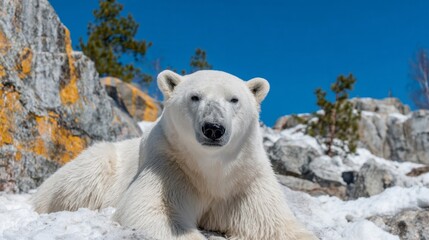 Majestic polar bear lounges amidst Arctic splendor, embodying the spirit of Polar Bear Day and eerie winter serenity