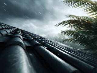 Rainy Storm Over Rainy Tile Roof in Tropical Setting with Blurred Palm Fronds