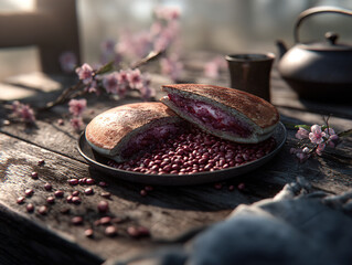 Rustic Bread With Red Beans On Plate, Pink Blossoms, And Teapot In Warm Outdoor Setting