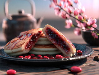Delicious Pancakes With Jam Filling On a Plate, Cozy Breakfast Scene With Teapot And Cherry Blossom