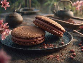 Brown Macarons on Plate with Teapot and Flowers in a Rustic Outdoor Setting