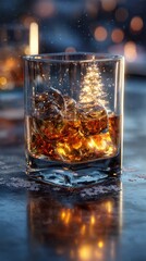 Whiskey glass with Ice Cubes: A close-up of a crystal whiskey glass, filled with amber liquor and ice cubes, creates a sense of sophistication and warmth. It's a perfect moment to enjoy a beverage.