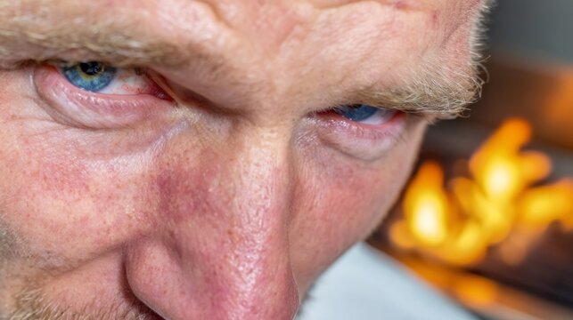 The intense gaze of a Caucasian man, eyes blazing like festival bonfires, evokes Guy Fawkes Night mystery