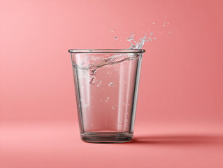 Clear Glass of Water Splashing Against Soft Pink Background for Fresh, Minimalist Stock Shot