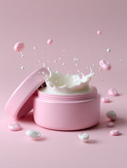Pink Cream Jar Splash: Soft Whipped Cream Burst In A Delicate Cosmetic Jar