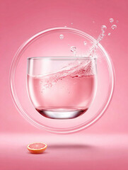Pink Juice Glass With Splash Inside Circular Glow On Soft Pink Background