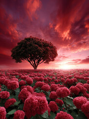Vivid Red Flower Field at Sunset With Lone Tree Under a Dramatic Sky