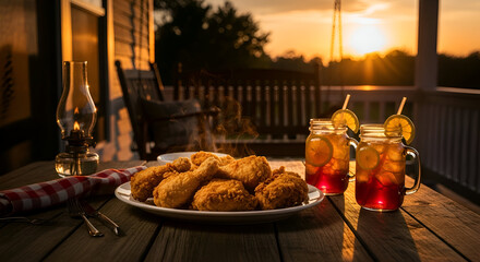 Delicious Fried Chicken, Refreshing Beverages, And A Sunrise On The Porch