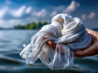 Knot Of White Cloth Held By Hand Over Calm Water Under Blue Sky