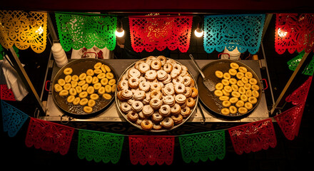 Delicious Fried Dough Delights Displayed Amidst Colorful Festive Decorations