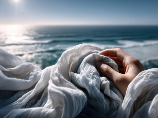 Hands Holding White Blanket Over Ocean Horizon At Sunset On A Calm Beach