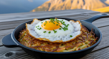Delicious Fried Egg and Potato Hash Served On A Rustic Skillet With A Scenic Mountain View