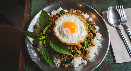 Delicious Fried Egg and Minced Pork with Rice Garnished with Bright Green Basil Leaves