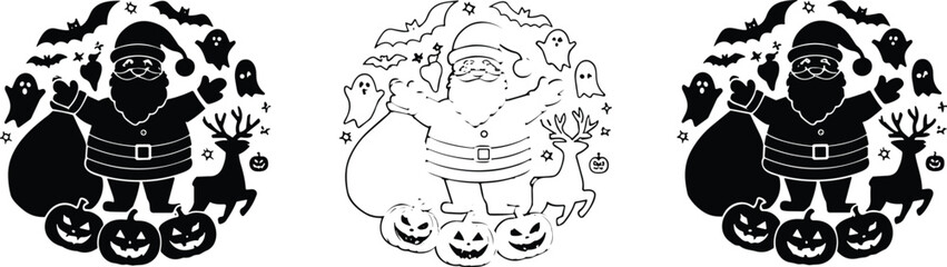 Halloween Santa Claus illustration set with ghosts, bats, pumpkins, festive crossover, holiday mashup, spooky Christmas theme, vector pack, whimsical seasonal character design