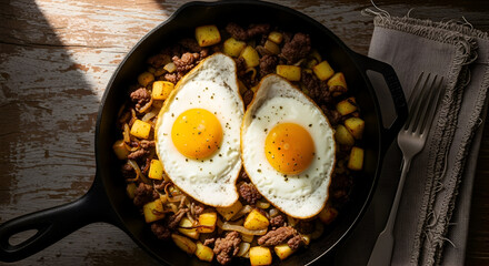 Delicious Fried Eggs And Hash Cooked In A Cast Iron Skillet, A Culinary Masterpiece