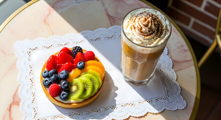 Delicious Fruit Tart And Cream Coffee Resting Peacefully On A Table in Natural Sunlight